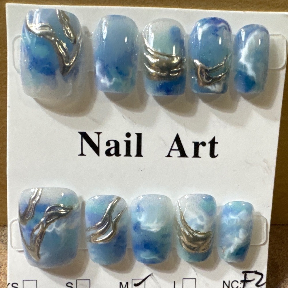 Blue Marble Ocean Wave Press On Nails with Silver 3D Chrome Accents Short Square